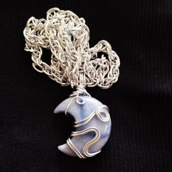 Rare! Pale Blue Aventurine Moon Pendant Necklace - Calling All Moon Goddesses - Picture 2 of 8